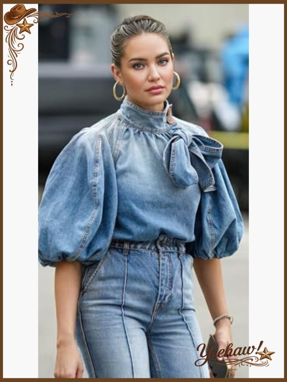 Women's Denim Pullover Top Bow Button Mock Neck Puff Sleeve Jacket - Picture 3 of 7